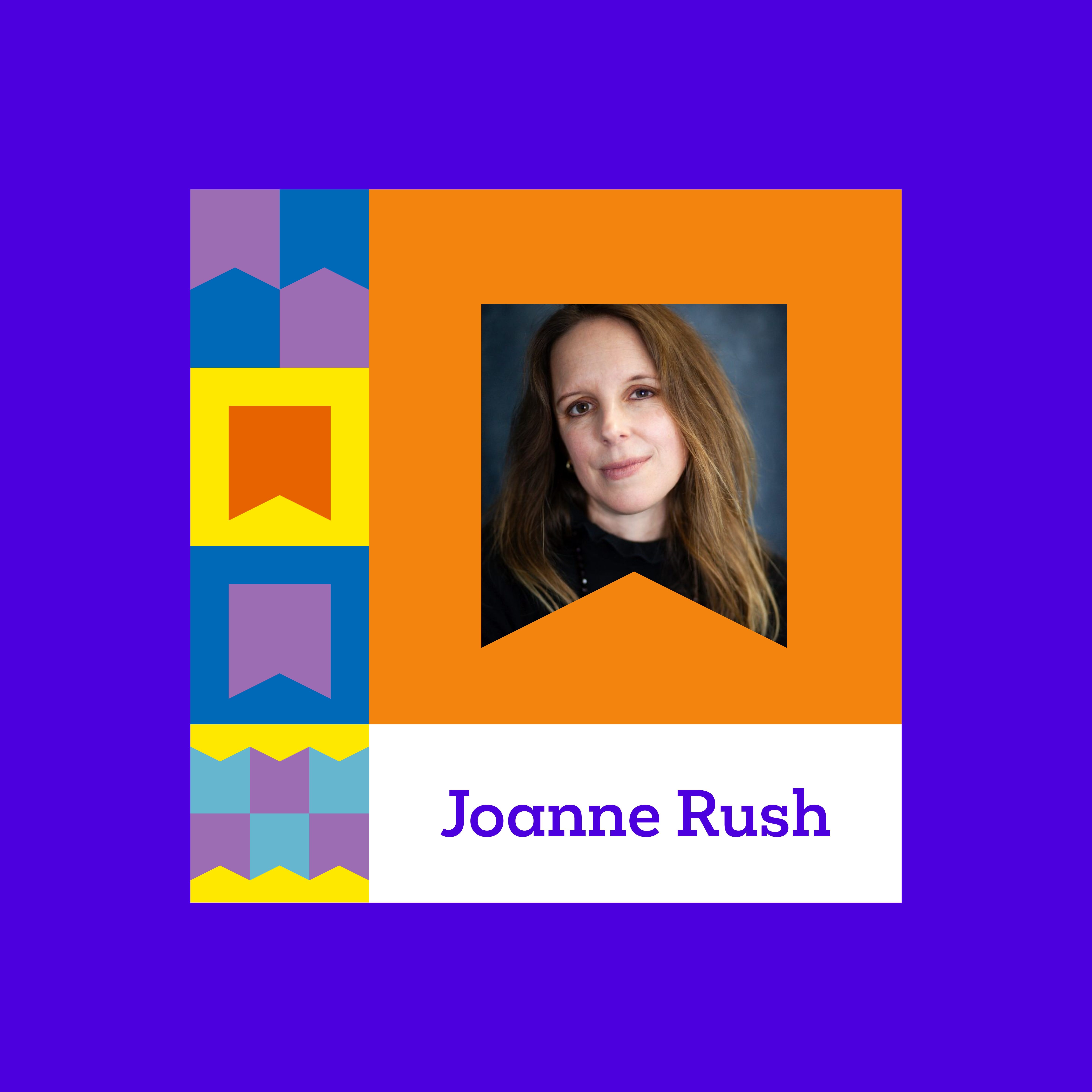 Author showcase lockup, highlighting the use of the bookmark icon as an image holding element. The featured author is Joanne Rush